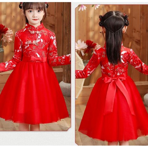 Red Fairy Chinese Princess Qipao Dresses Hanfu girls  ancient style cheongsam dress girl ancient folk dance costumes Model show New Year Celebration Tang Suit for Baby
